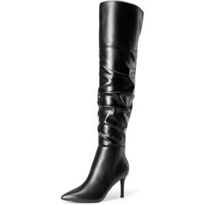 Women's Over The Knee High Heel Black-pu Boots Thigh High Pointed Toe Stiletto
